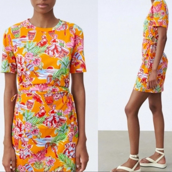 ZARA Tropical Dress with waist cutout maraca drum print 33695 - Picture 2 of 15